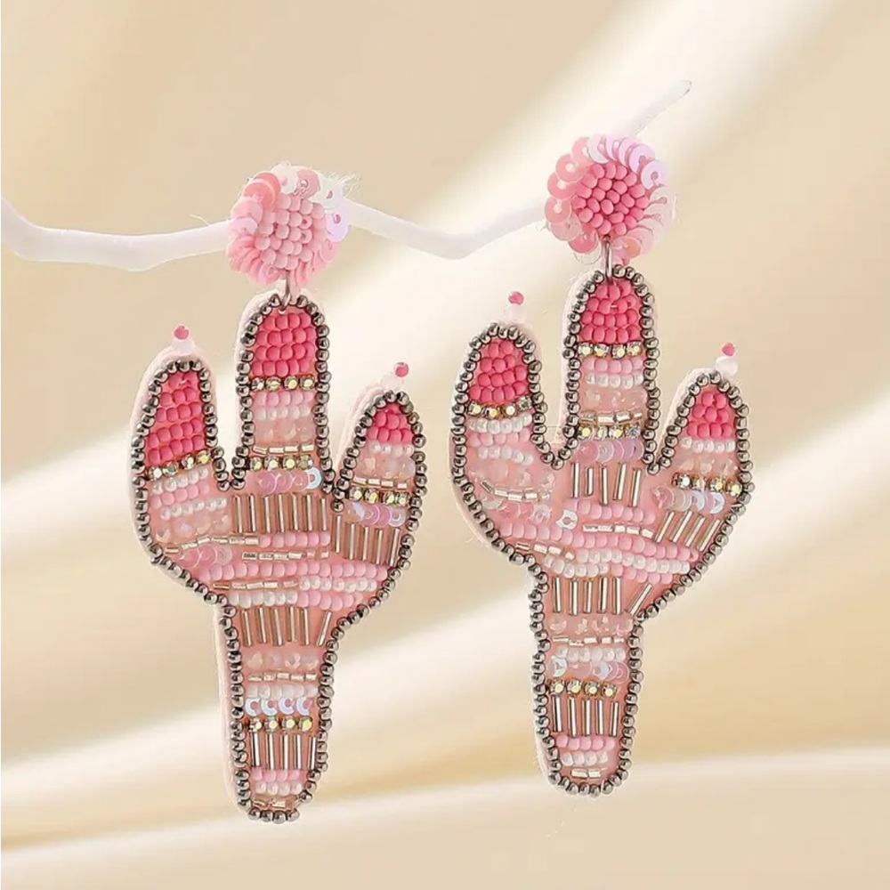 Pink Beaded Cactus Dangle Earrings